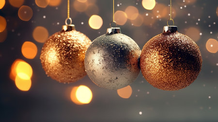 Golden Christmas balls on bokeh background. New Year concept.の素材