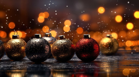Christmas background with golden and red baubles and bokeh lightsの素材