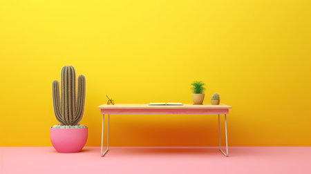 desk with cactus on yellow wall background. 3d renderingの素材