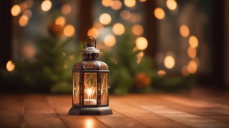 Lantern on a wooden table in front of a Christmas treeの素材