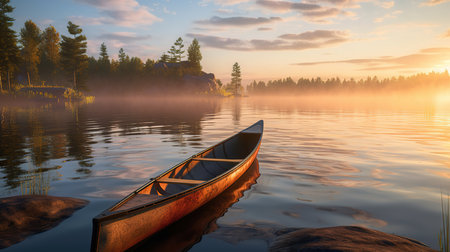 Early morning on the lake with a boat and fog. Finland, Laplandの素材