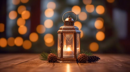 Christmas lantern with pine cones on a wooden table, bokeh backgroundの素材