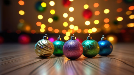colorful christmas baubles with bokeh lights backgroundの素材