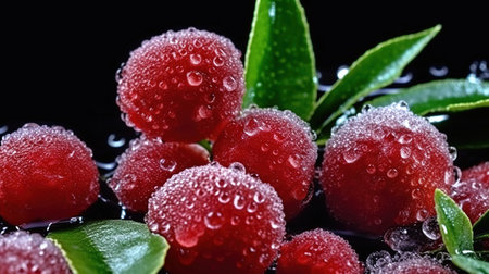 Frozen cherries on a black background with water droplets.の素材