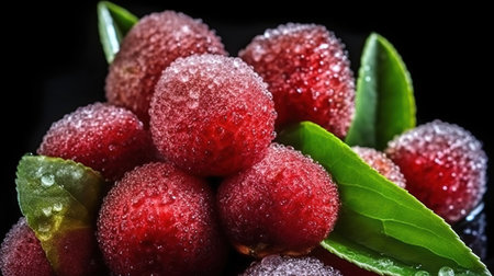 Frozen cherries on a black background. Frozen cherries in ice.の素材