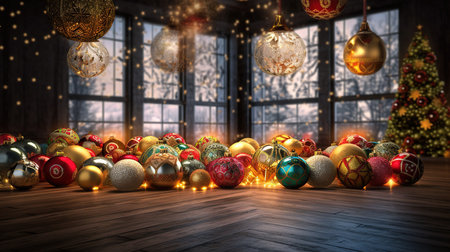 3D rendering of Christmas decorations in a room with a large windowの素材