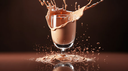 chocolate drink splashing into a glass with splashes on a brown backgroundの素材