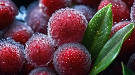 Frozen cherries with water drops on a black background close upの素材