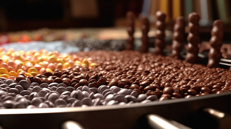 Chocolate candies on conveyor belt in shop, closeupの素材