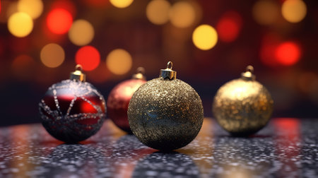 Christmas balls on a dark background with bokeh. 3d renderingの素材