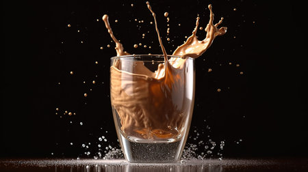 Coffee splashing out of a glass on a black backgroundの素材