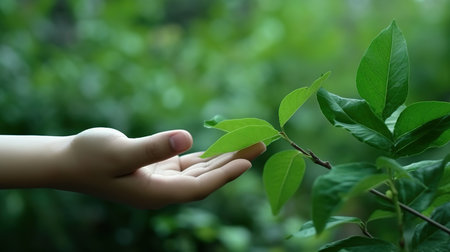 Child hand holding green leaf on nature background. Selective focus.の素材