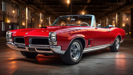 Classic american red cabriolet car at night. 3D renderingの素材