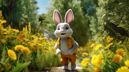 Easter bunny with yellow flowers in the garden. 3d rendering.の素材