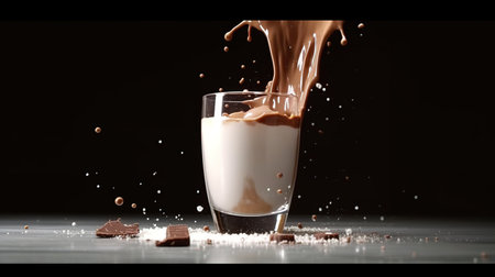 Pouring chocolate milk into glass with splashes, on black backgroundの素材