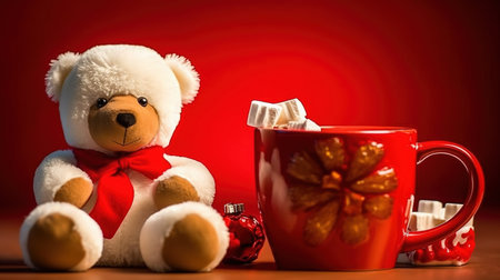 Teddy bear with cup of hot chocolate and marshmallows on red backgroundの素材