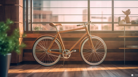 Bicycle leaning against a window in a cafe. 3d renderingの素材