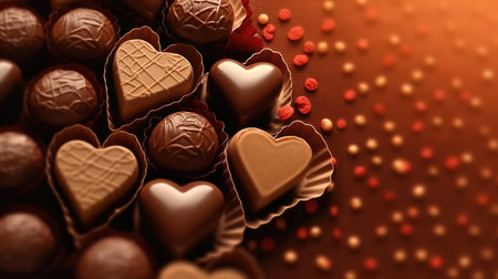 Chocolate candies in heart shape on red background, closeupの素材