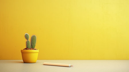 Cactus in yellow pot and pencil on yellow wall background. Minimal style.の素材