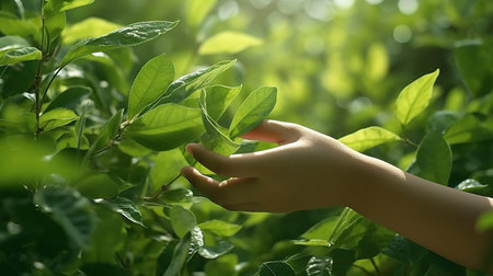 Closeup of child hand touching fresh green tea leaves in tea plantationの素材