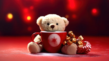 Cup of tea or coffee with christmas decoration and teddy bearの素材