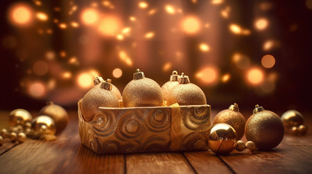 Christmas decoration with golden baubles on bokeh background.の素材
