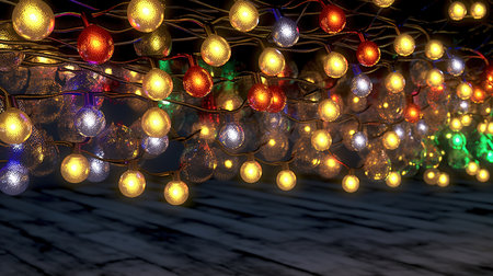 Colorful Christmas lights on a white marble background. 3d renderingの素材