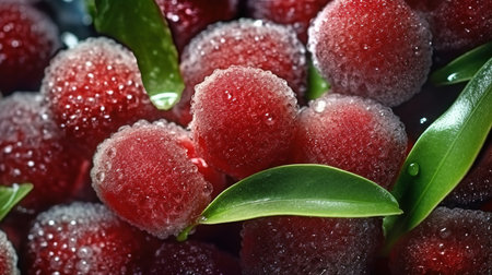 Frozen cherries with green leaves close-up macro photography.の素材