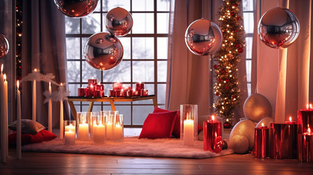 Beautiful Christmas interior with burning candles and Christmas tree. Space for textの素材