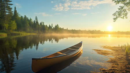Canoe on the lake in the morning mist. 3d renderの素材