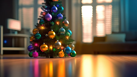 Christmas tree with colorful baubles in the living room. 3d renderingの素材
