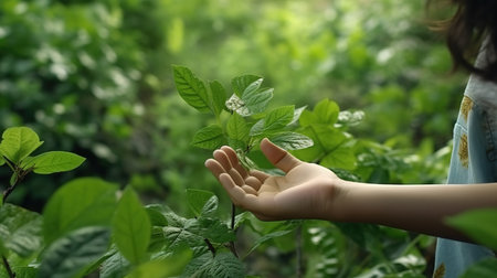The girl's hand is holding a branch of fresh green mint leaves.の素材