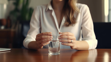 Young woman with glass of water at table in office, closeupの素材