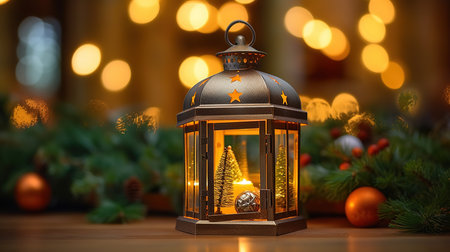 Christmas lantern with burning candle and fir tree on bokeh backgroundの素材