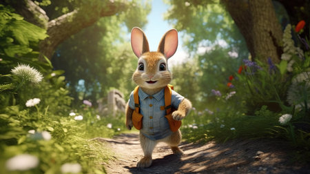 Rabbit with backpack and flowers in the garden. 3d rendering.の素材