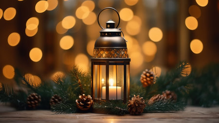Lantern with burning candle on bokeh background. Christmas decorの素材