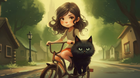 Girl riding a bicycle with a black cat on the background of the villageの素材
