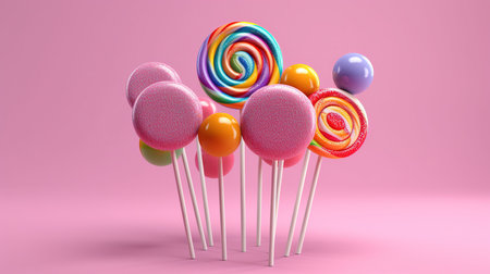 Colorful lollipops on pink background. 3d renderingの素材