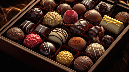 Box of assorted chocolates on dark background, close-upの素材