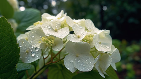white hydrangea flowers with raindrops in the garden.の素材