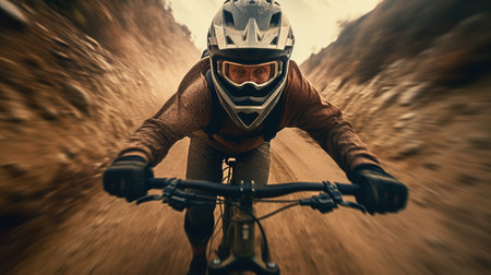 Cyclist Riding a Mountain Bike on a Rocky Trail. Extreme Sport Concept.の素材