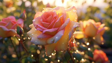 Beautiful yellow rose with dew drops in the garden at sunsetの素材