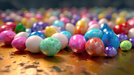 Colorful easter eggs on a golden background. 3d renderingの素材