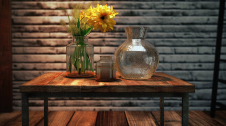 Still life with vases and flowers on the table. 3d renderingの素材