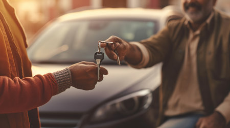 Real estate agent giving keys to customer after signing contract for car purchaseの素材