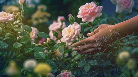 Hand of a young woman holding a pink rose in a garden.の素材