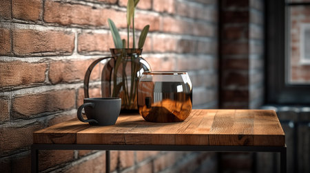 Cup of coffee on wooden table in front of brick wall. 3d renderの素材