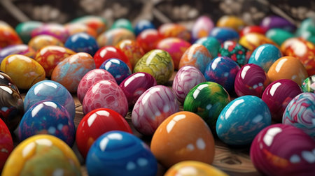Colorful easter eggs on wooden background, close-up.の素材