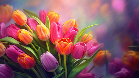 Bouquet of colorful tulips on bokeh background.の素材