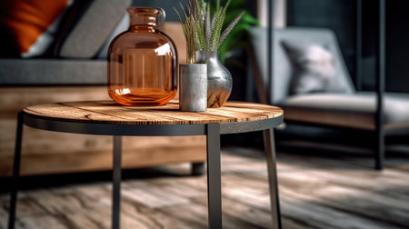 Modern interior of living room with wooden table, sofa, plant and glass vaseの素材